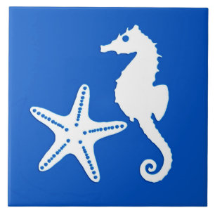 Azulejo De Cerâmica Cavalo-do-mar e estrelas-do-mar - brancas em azul-