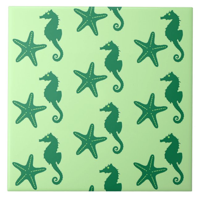 Azulejo De Cerâmica Cavalo-do-mar e estrelas-do-mar - limão e esmerald (Frente)