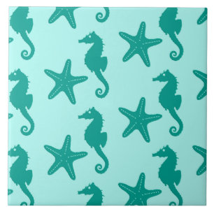Azulejo De Cerâmica Cavalo-do-mar e estrelas-do-mar - turquesa e aqua