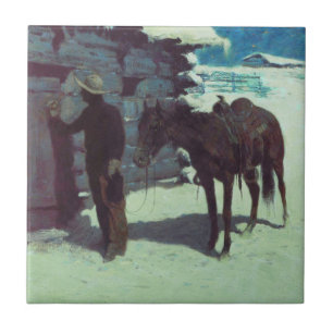 Azulejo De Cerâmica Cavalo e vaqueiro de inverno neve