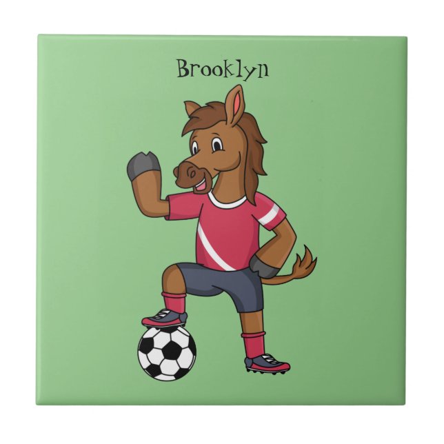 Azulejo De Cerâmica Cavalo engraçado bonito jogando cartoon de futebol (Frente)