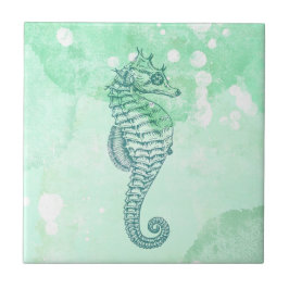 Azulejo De Cerâmica Cavalo-Marinho Azul Elegante Aquarela