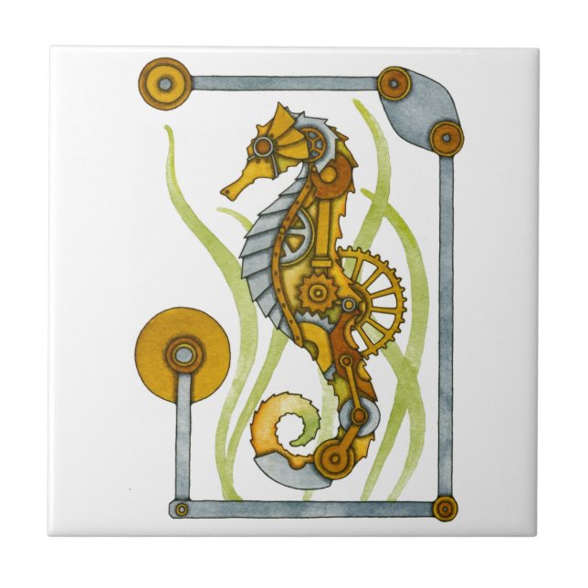Azulejo De Cerâmica Cavalo marinho de Steampunk (Frente)