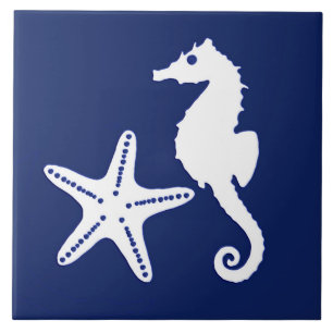 Azulejo De Cerâmica Cavalo-marinho e peixe-estrela - marinho azul e br