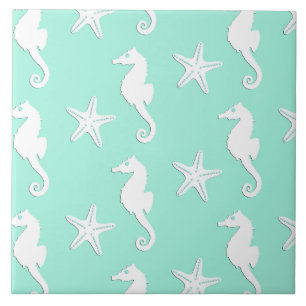 Azulejo De Cerâmica Cavalo marinho & estrela do mar - branco no aqua