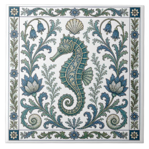 Azulejo De Cerâmica Cavalo-Marinho Marinho Ornamentado Vintage Lindo