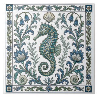 Azulejo De Cerâmica Cavalo-Marinho Marinho Ornamentado Vintage Lindo