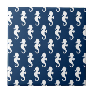 Azulejo De Cerâmica Cavalo-Marinho Náutico Azul Marinho Branco Oceano 