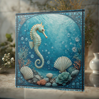 Azulejo De Cerâmica Cavalo-Marinho Tropical de Coral Costeiro ao Luar