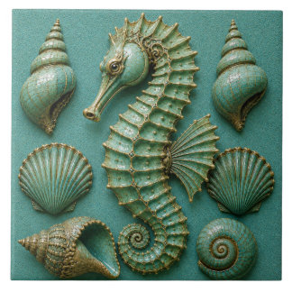 Azulejo De Cerâmica Cavalo-Marinho Turquesa e Concha Costeira