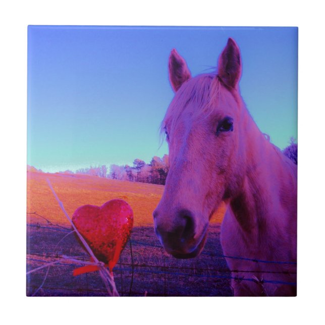 Azulejo De Cerâmica Cavalo Marrom e Coração Vermelho (Frente)