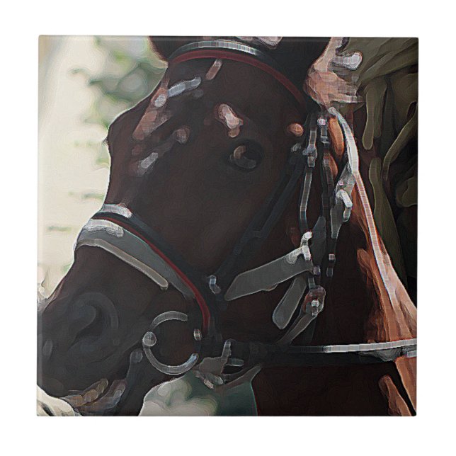 Azulejo De Cerâmica Cavalo Marrom Estilizado Sorrindo Desenho Da Cabeç (Frente)