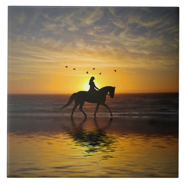 Azulejo De Cerâmica Cavalo na praia em Sunset Riding (Frente)