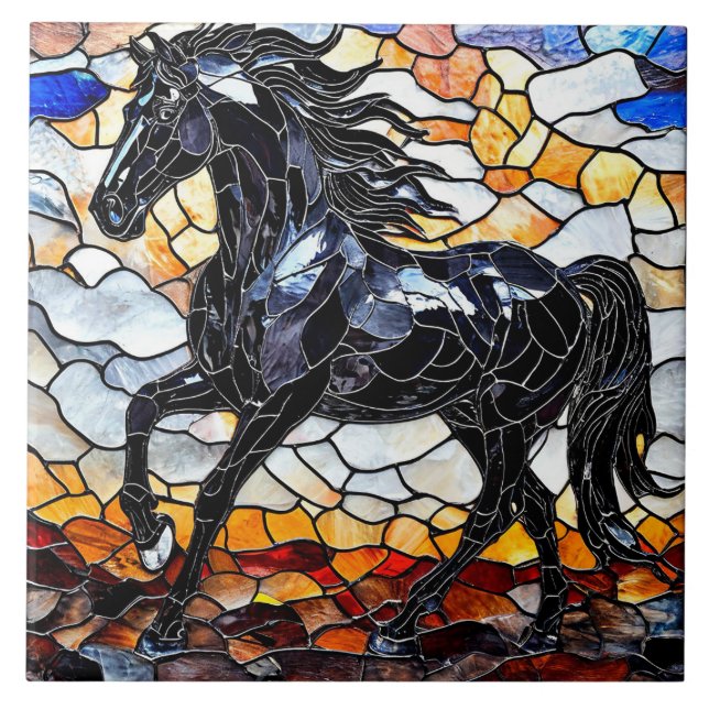 Azulejo De Cerâmica Cavalo negro de vidro retido (Frente)
