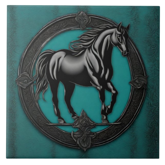 Azulejo De Cerâmica Cavalo Negro Teal Equestre do País Ocidental (Frente)