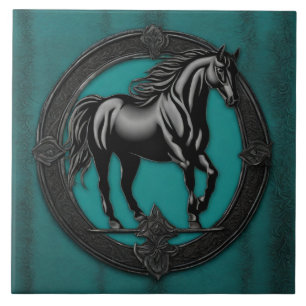 Azulejo De Cerâmica Cavalo Negro Teal Equestre do País Ocidental
