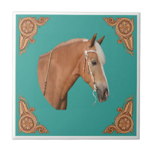 Azulejo De Cerâmica Cavalo ocidental do Palomino com cantos de couro