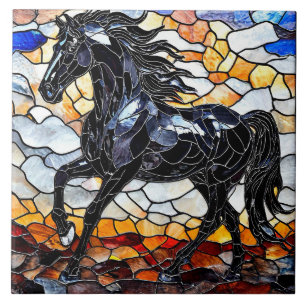 Azulejo De Cerâmica Cavalo preto em vitral