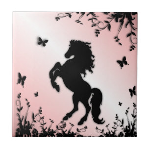 Azulejo De Cerâmica Cavalo Preto Erguido Rosa