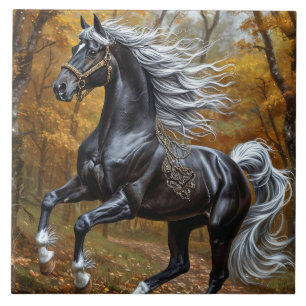 Azulejo De Cerâmica Cavalo Preto Majestoso numa Floresta de Outono
