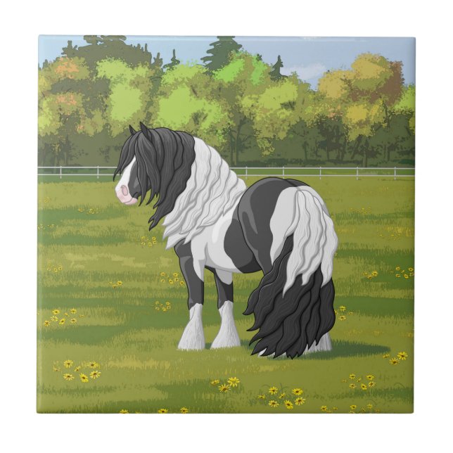 Azulejo De Cerâmica Cavalo Preto Pinto Piebald Vanner (Frente)