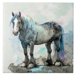 Azulejo De Cerâmica Cavalo Shire Gentil Aquarela Azul