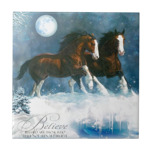 Azulejo De Cerâmica Cavalos Correndo Na Neve (Frente)