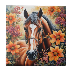 Azulejo De Cerâmica Cavalos E Flores