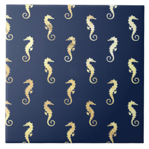 Azulejo De Cerâmica Cavalos-marinhos em tom dourado sobre azul-marinho