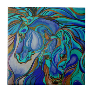 Azulejo De Cerâmica Cavalos Selvagens em Castanho e Teal