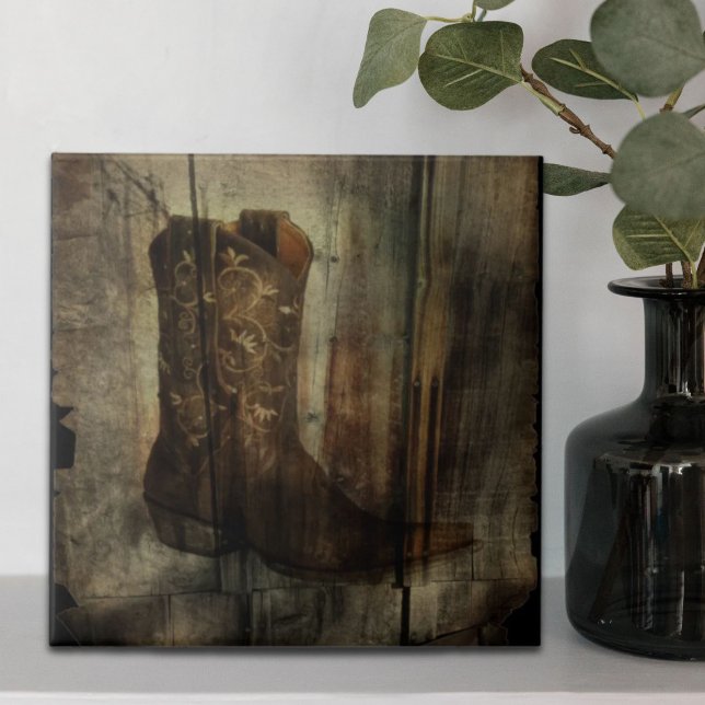 Azulejo De Cerâmica Caverna de Homem em Perigo - Boot de Cowboy Ociden (Distressed Man Cave Western Country Cowboy Boot Tile)