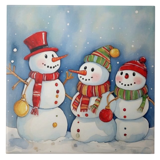 Azulejo De Cerâmica Celebração de Bonecos de Neve (Frente)