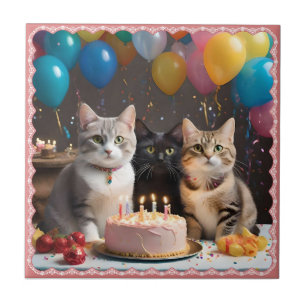 Azulejo De Cerâmica Celebração Pura: Festa de aniversário de Gato,