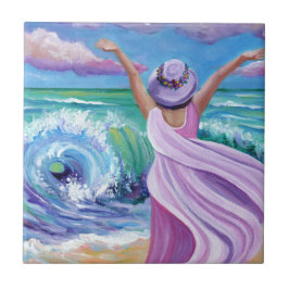 Azulejo De Cerâmica Celebrando uma mulher no Azulejo da Praia Cerâmica