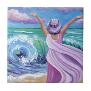 Azulejo De Cerâmica Celebrando uma mulher no Azulejo da Praia Cerâmica