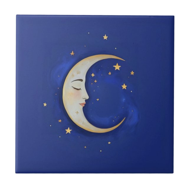 Azulejo De Cerâmica Celestial Crescent Moon with Face Gold Dark Blue (Frente)