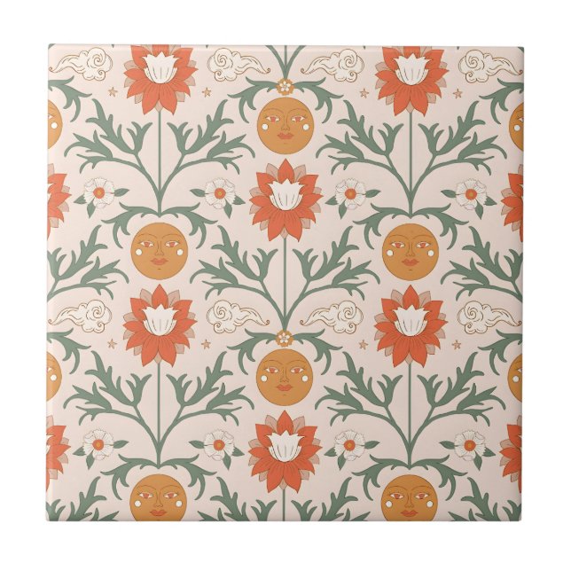 Azulejo De Cerâmica Celestial Floral Sunburst Seamless Pattern Design (Frente)