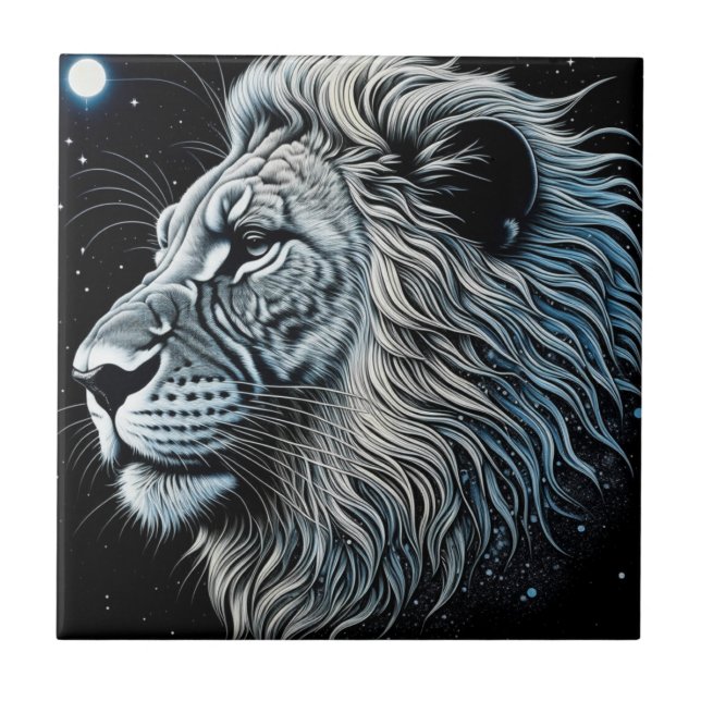 Azulejo De Cerâmica Celestial Lion Night Sky Ai Art (Frente)