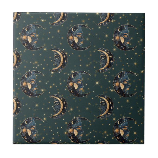 Azulejo De Cerâmica Celestial Moon Gold Starry Night Pattern (2) (Frente)