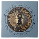 Azulejo De Cerâmica Celestial Sun Moon Stars Midnight Sky Personalizad<br><div class="desc">Um elegante e antigo azulejo de estrelas da lua solar etérea que pode ser personalizado com sua própria citação favorita ou seu nome. Você pode usá-las para a backsplash do decoro doméstico,  como portas copos ou como azulejo decorativo. Fundo azul. Você pode adicionar sua citação favorita ou seu nome.</div>