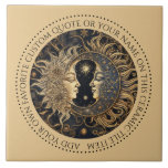Azulejo De Cerâmica Celestial Sun Moon Stars Midnight Sky Personalizad<br><div class="desc">Um elegante e antigo azulejo de estrelas da lua solar etérea que pode ser personalizado com sua própria citação favorita ou seu nome. Você pode usá-las para a backsplash do decoro doméstico, como portas copos ou como azulejo decorativo. Fundo colorido de areia. Você pode adicionar sua citação favorita ou seu...</div>