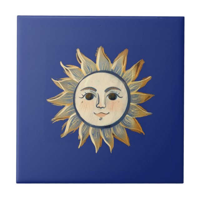 Azulejo De Cerâmica Celestial Sun with Face Gold and Dark Blue (Frente)