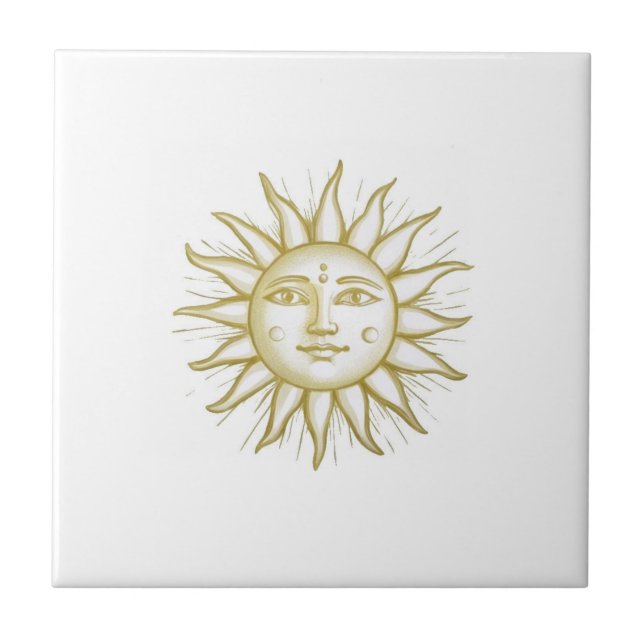 Azulejo De Cerâmica Celestial Sun with Face Gold and White (Frente)