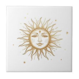 Azulejo De Cerâmica Celestial Sun with Face Gold and White