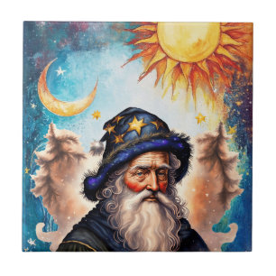 Azulejo De Cerâmica Celestial Wizard Sun e Lua