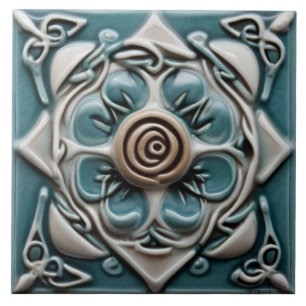 Azulejo De Cerâmica Celta inspirada Verde-Teal e Flor-Rosa Branca