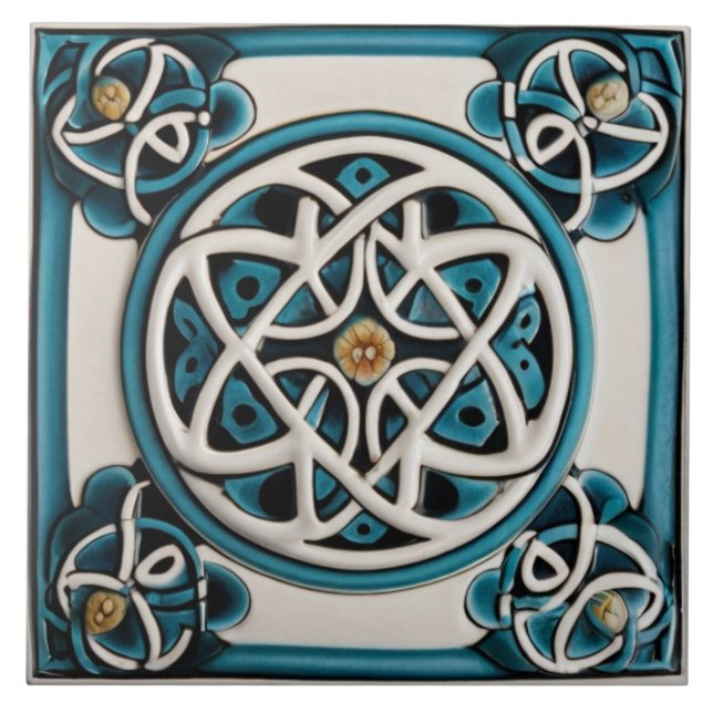 Azulejo De Cerâmica Celtic Knot inspirou Turquesa e Branco (Frente)