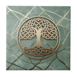 Azulejo De Cerâmica Celtic Tree of Life Sage Marble Gold Crann Bethadh