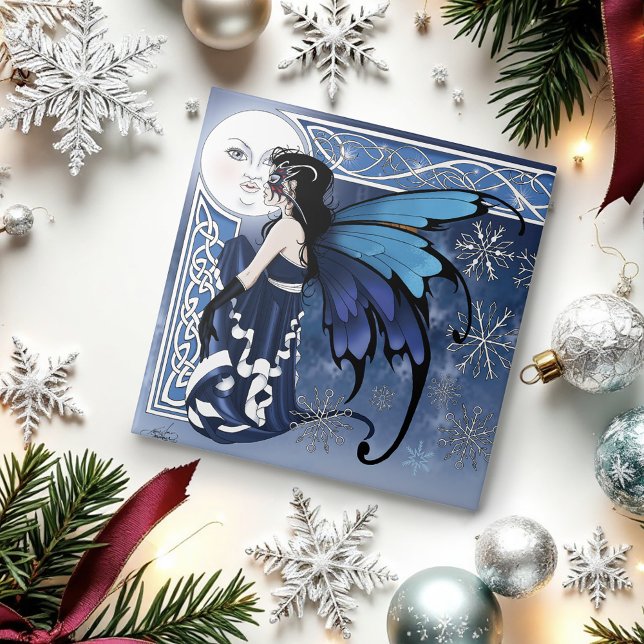 Azulejo De Cerâmica Celtic Winter Moon Fairy Blue Snowflakes Fantasy (Criador carregado)