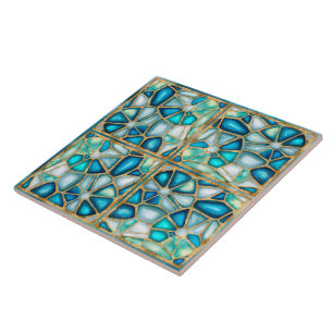 Azulejo De Cerâmica Células de aquarela e douradas - oceano - quadrado